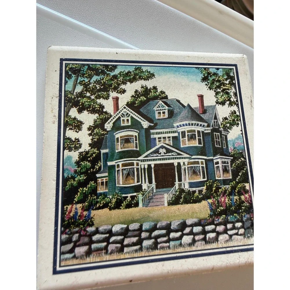 Vintage Victorian House Ceramic Tile‎ Coaster Cork Back Teal Mansion Decor 4x4
